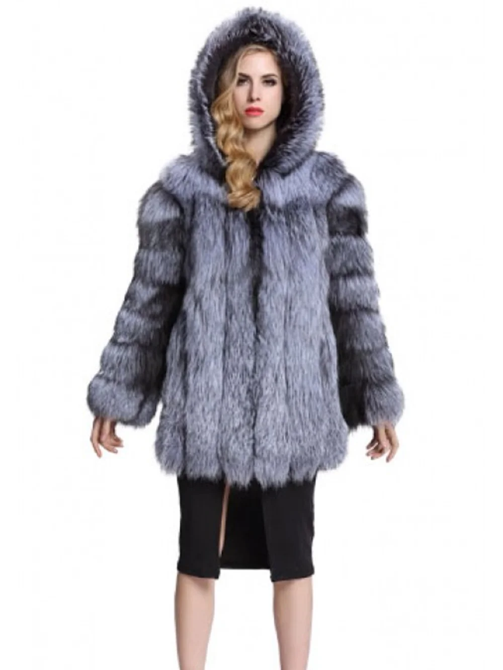 Real Silver Fox Fur Jacket with Hood for Women, Hooded Coat, Long Sleeves, Natural, Thick, Female, Winter