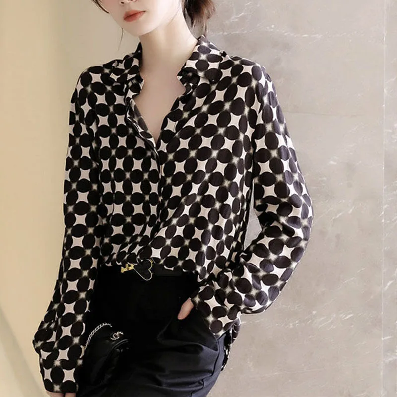 

Office Lady Polka Dots Printing Fashion Women Chiffon Shirt Spring Summer Loose Long Sleeves Lapel Female Blouse Clothing 2022