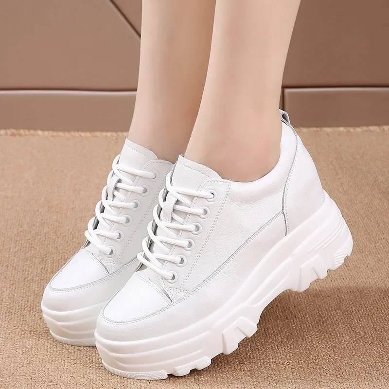 Fujin 8cm Leather Microfiber Women Casual Shoes Platform Wedge Hidden Heel Summer Shoes Platform Chunky Sneakeers Fashion White