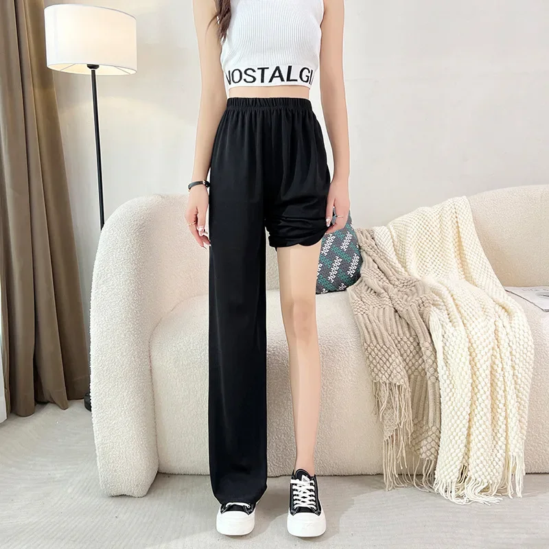 

Women Pants High Waist Elastic Waistband Summer Pants Ribbed Thin Full Length Breathable Ice Silk Straight Wide Leg Pants