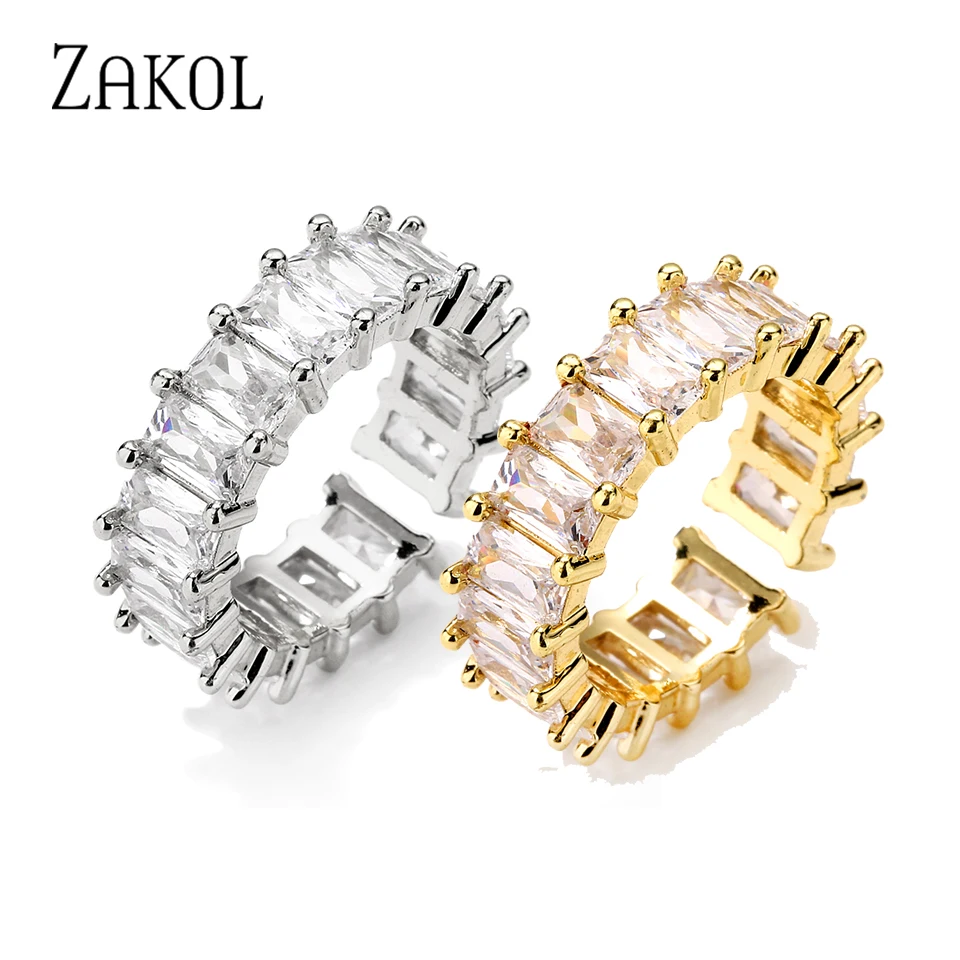 ZAKOL Luxury Rectangle Cubic Zirconia Open Rings for Women White Gold Color Fashion Party Jewellery