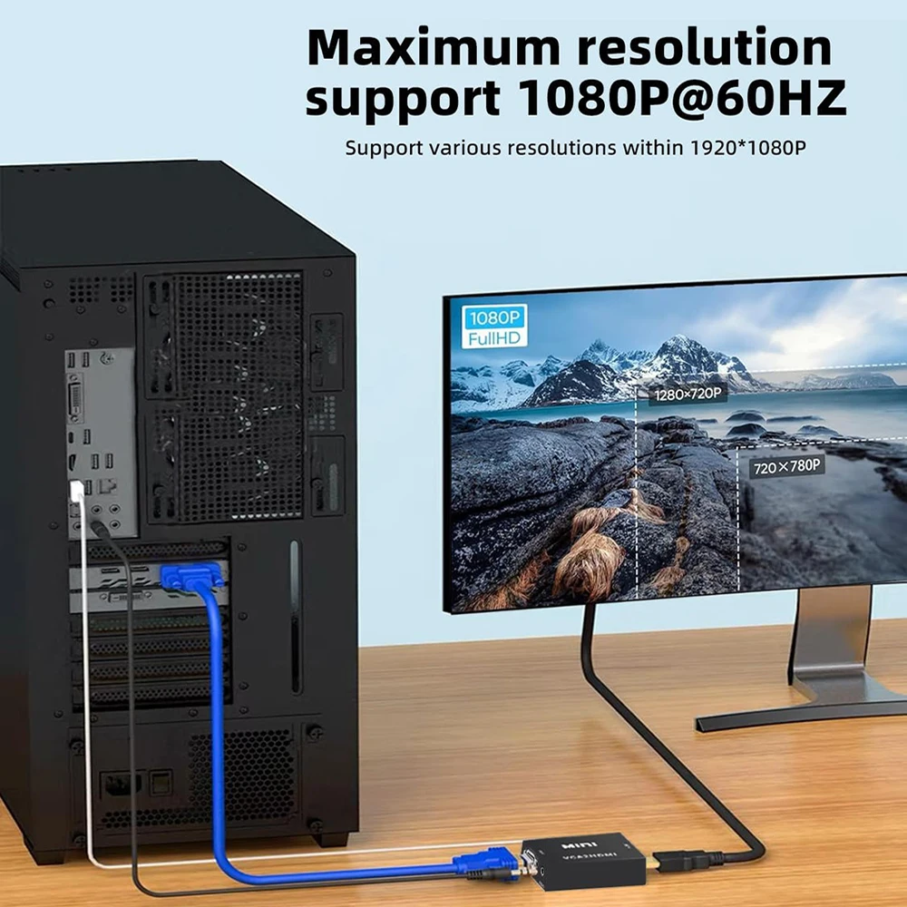 Mini VGA to HDMI-compatible Converter VGA2HDMI Video Box Audio Adapter HDTV 1080P For Notebook PC HD TV Projector TV Portable