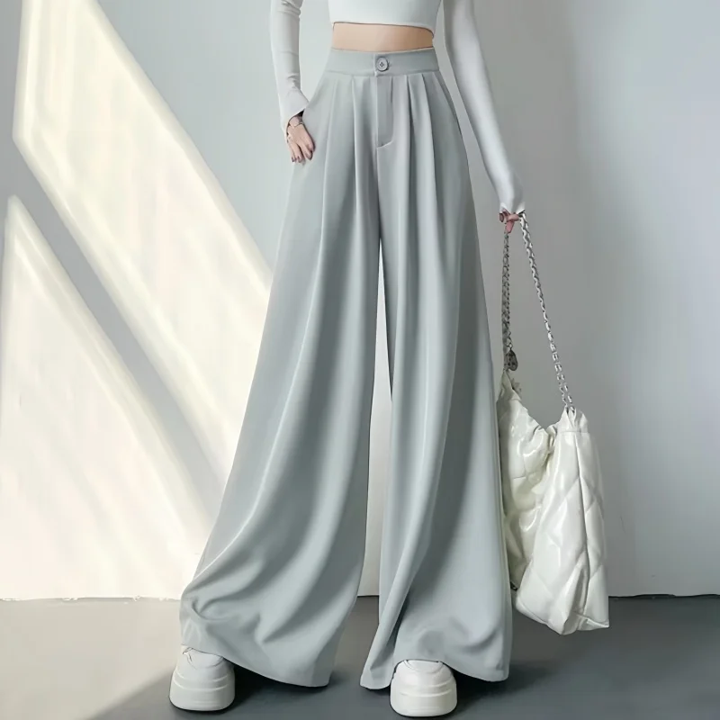 

2025 New Spring Summer Button Loose Women's Wide Leg Full Length Pants High Waist Solid Female Elegant Straight Casual Trousers