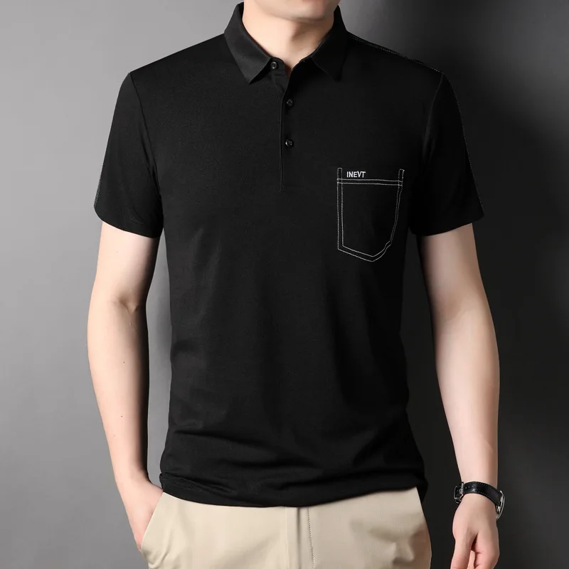 Summer Mulberry Silk Men\'s Short-sleeved T-shirt Men\'s Lapel with Pockets Fashion Embroidery Cool Breathable Men\'s Polo Shirt