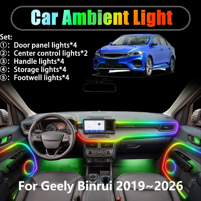 

For Geely Binrui FE-6 Binray 2019~2026 2/18 in 1 Car ambient lighting Led trunk interior led lights USB RGB Ensemble Streamer