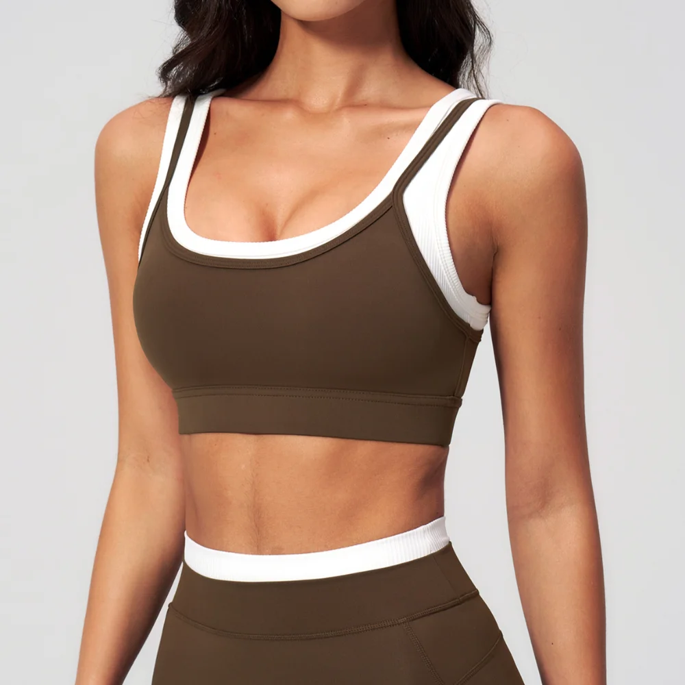 Women's Yoga Tank Workout Top Quick-Dry Gym Push Up Sports Vest Female Running Tight Top U-Back Faux Layered Fitness Underwear