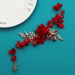 Wedding Headbands Red Flower Hairbands Gold Color Metal Leaf Headdress for Bride Hair Jewelry Accessory Chinese Fashion Headwear