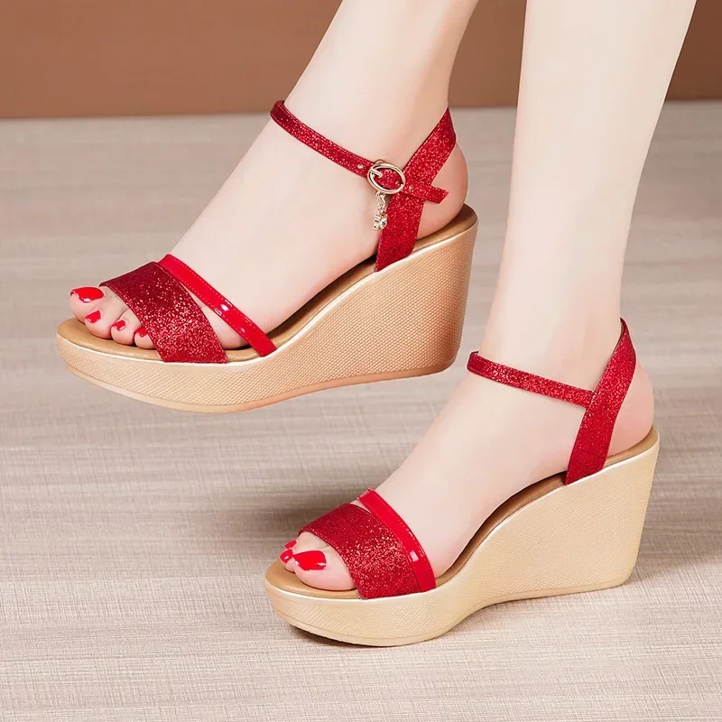 Small Plus 32 33-43 Bling Street Style Platform Wedges Shoes Summer 2025 Elegant Beach High Heels Sandals for Women Office