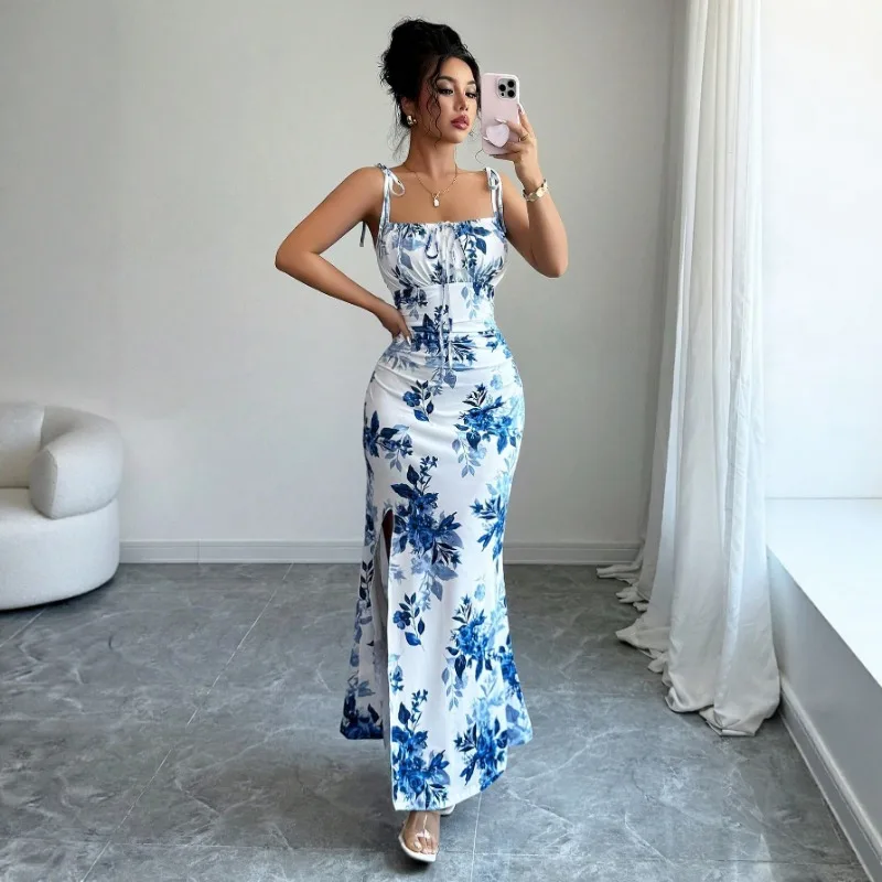 

Women's Floral Print Spaghetti Strap Ruched Bodycon Maxi Dress With Slit