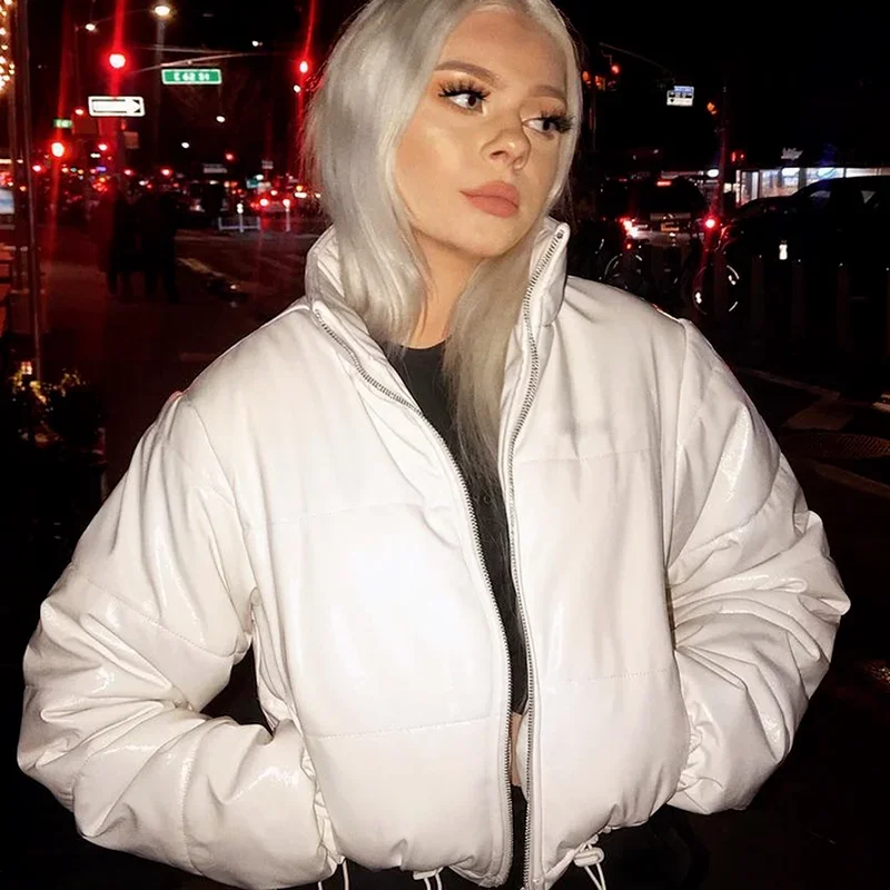 Quilted Thick Warm Zipper Long Sleeve Parka Women's Winter Coat Drawstring High Neck Jacket White Warm Bread Cotton Jacket