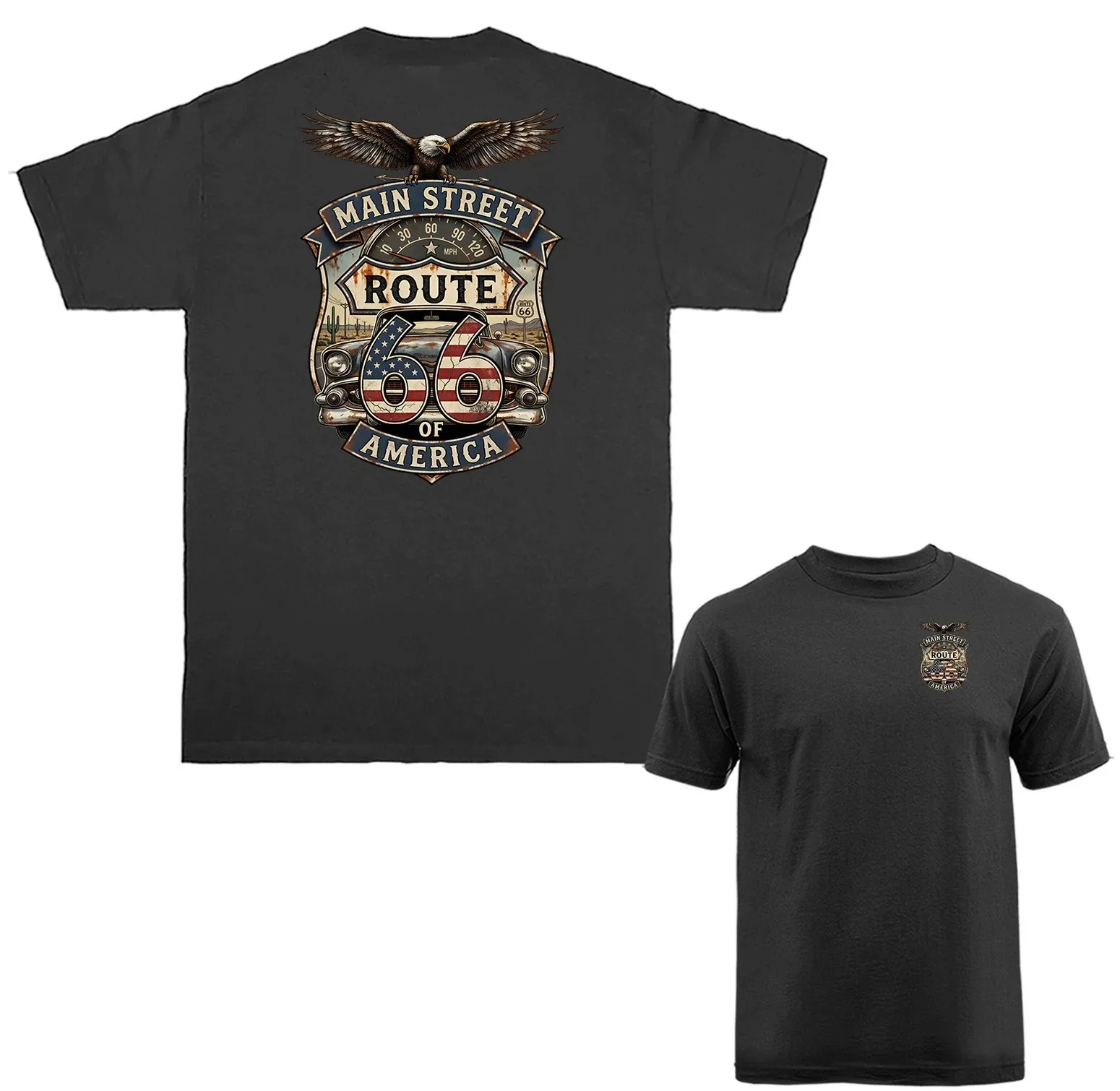 Route 66 Main Street of America Patriotic Eagle Vintage Car USA Flag T-shirt