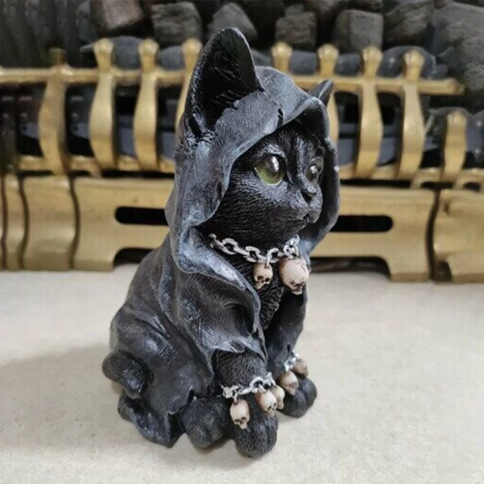 Gothic Cat Sickle Dog Witch Grim Reaper Decoration Resin Black Cloaked Grim Reapers Feline Cat Dog Figurine Halloween Home Decor