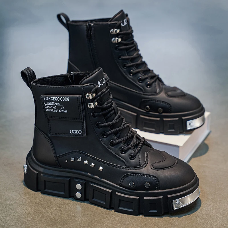 Men's street punk style solid color versatile motorcycle boots, unique metal rivet thick-soled height-increasing boots, lace-up side zipper trendy men's shoes, birthday gift, Christmas gift