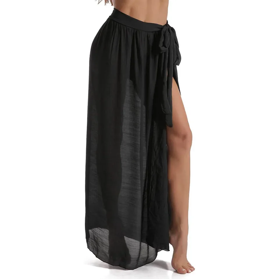 

Women Knitted Cover-Up Sarong Solid Color Hollow-Out Side High Slit Mini Fashion Beach Long Skirts Cover Up