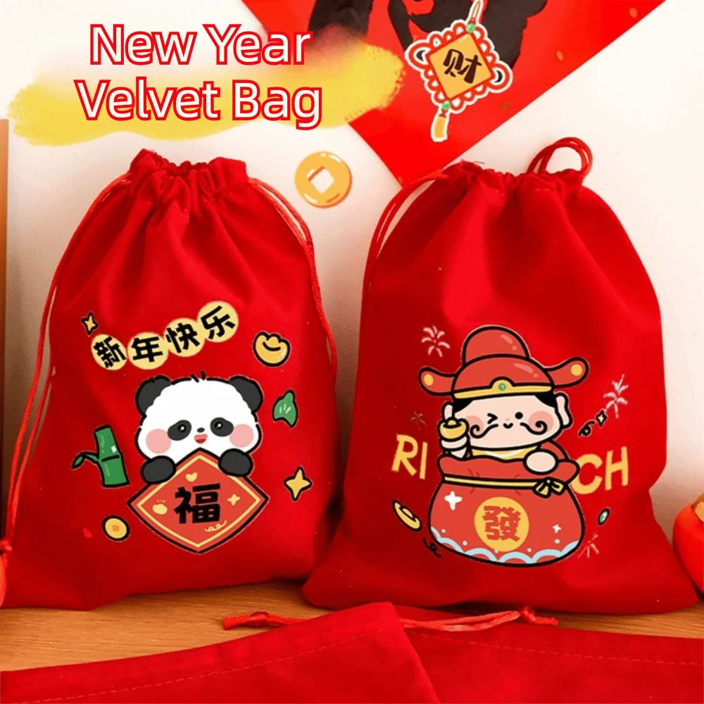 Portable Velvet Snack Storage Pouch Gift Decoration Happy New Year Lucky Bag Amulet Blessing Sachets Pendant Drawstring Bag