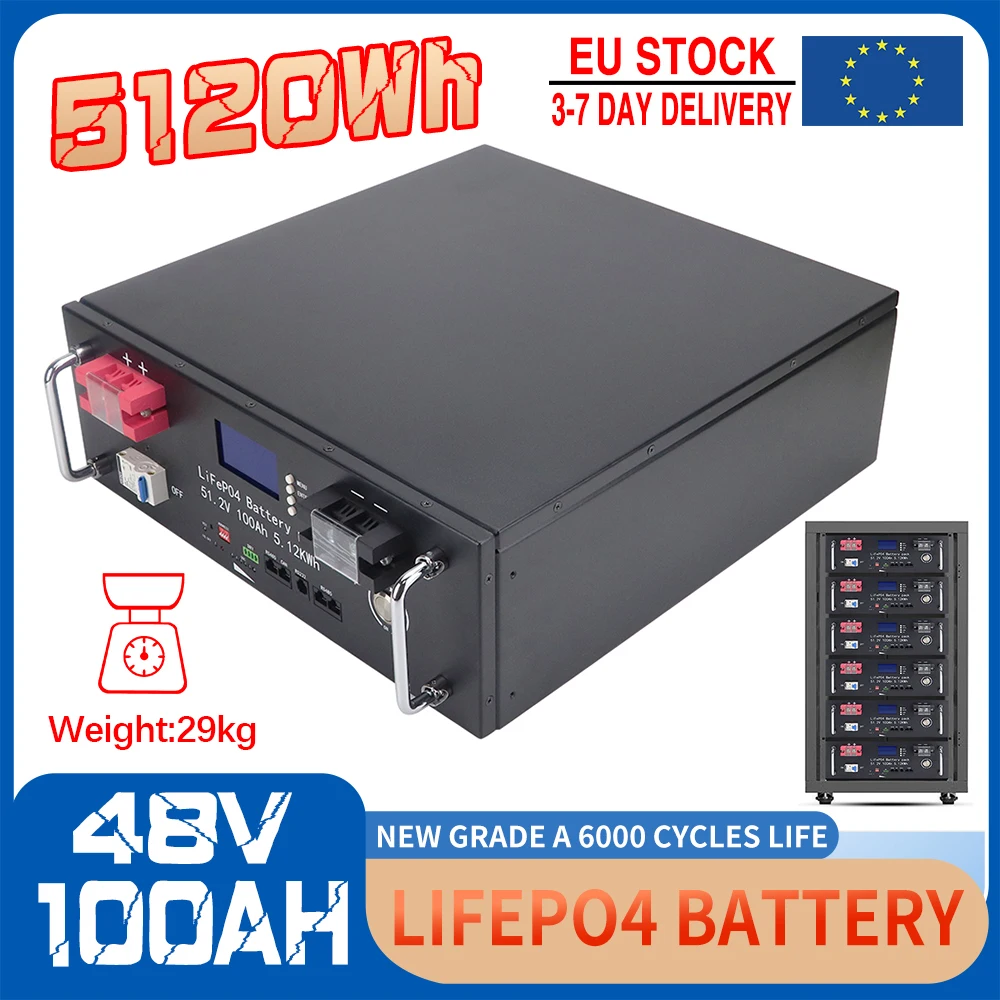 Batterie LiFePO4 48V 100AH 5KWH, batterie solaire au phosphate de fer et de lithium 51.2V, durée de vie 6000+ cycles, BMS 16S 100A, RS485 CAN pour système solaire, camping-car, camping hors réseau, stock UE PL, sans taxes