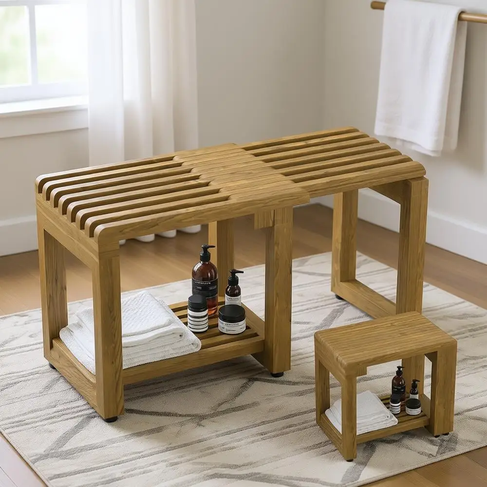 

Регулируемая деревянная скамья для душа, водонепроницаемая, сиденье 26,4 дюйма с отсеком для хранения, выдерживает нагрузку до 200 кг, идеально подходит для саун, ванных комнат и для пожилых людей