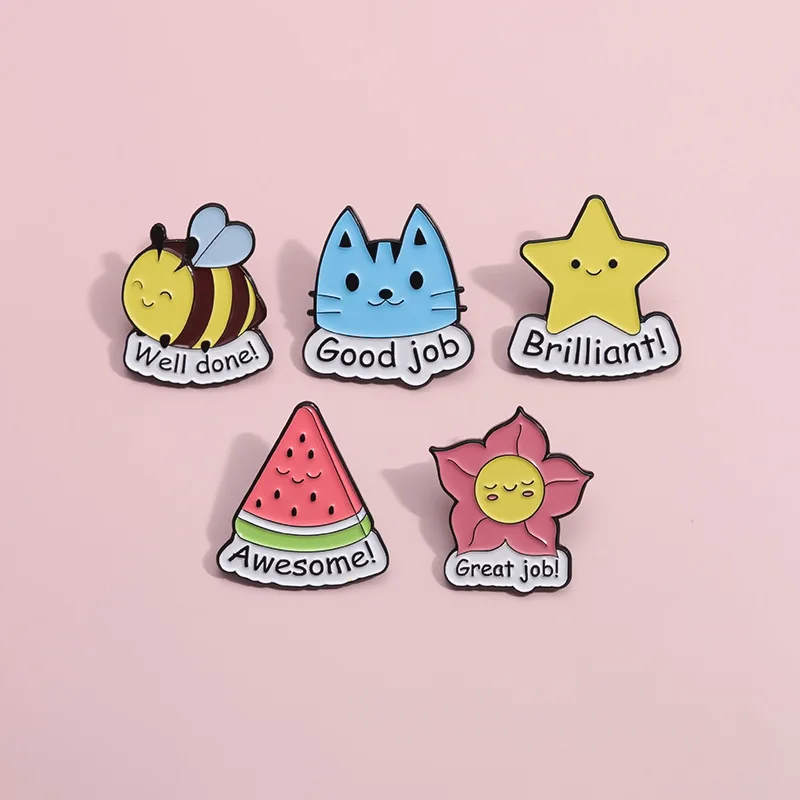 Cute Letter Brooch Great Job Flowers Well Done Bee Good Job Cat Hello Stamp Awesome Watermelon Rich Man Brooch Punk Pins Jewelry