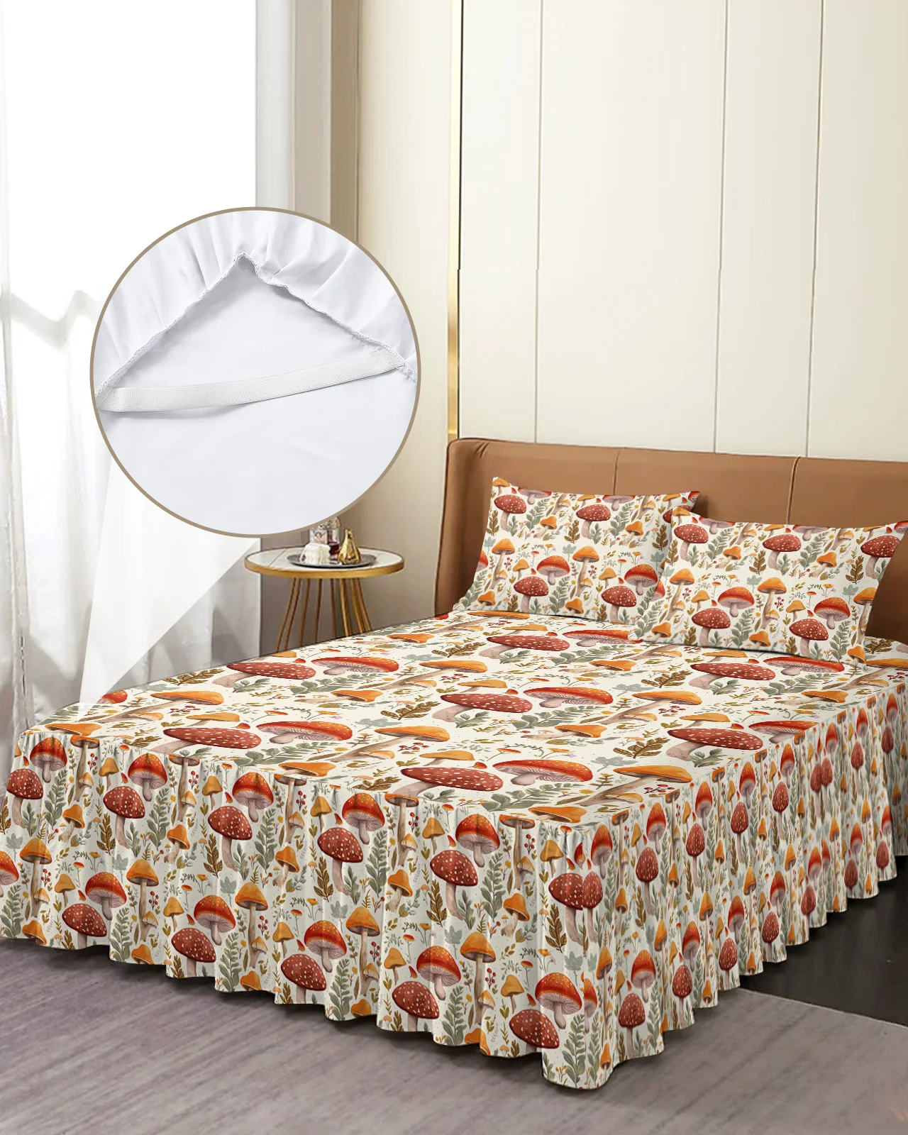 Autumn Mushrooms Plants Leaves Retro Bed Skirt Elastic Fitted Bedspread With Pillowcases Mattress Cover Bedding Set Bed Sheet