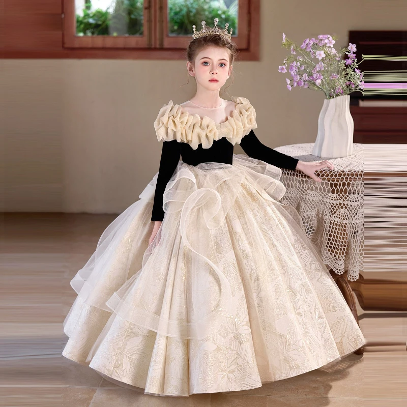 

2026 Kids French Style Flower Girl Dress Girls Princess Gown Host Piano Performance Outfit Pageant Formal Children Party Costume