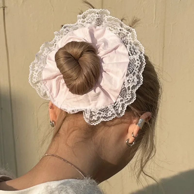 French New Lace Large Pink Scrunchies Headband Summer Sweet Elastic Hair Rope Headwear Rubber Band Hair Accessories for Girls