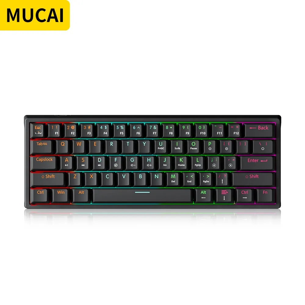 MUCAI MK61 USB Gaming Mechanical Keyboard 61 Keys Red Switch Wired Detachable Cable RGB Backlit Hot Swappable