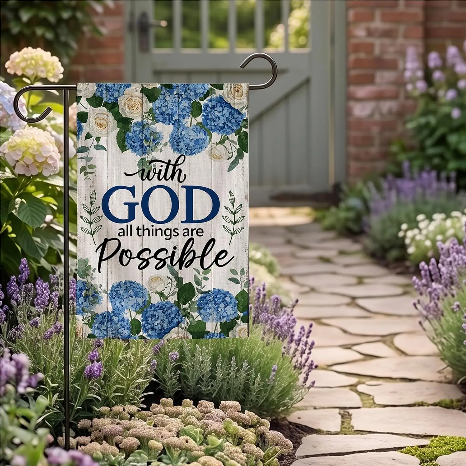 Garden Flag 12x18 Double Sided - Durable Double Stitched Burlap - With God All Things Are Possible Inspirational Quote - Out uui