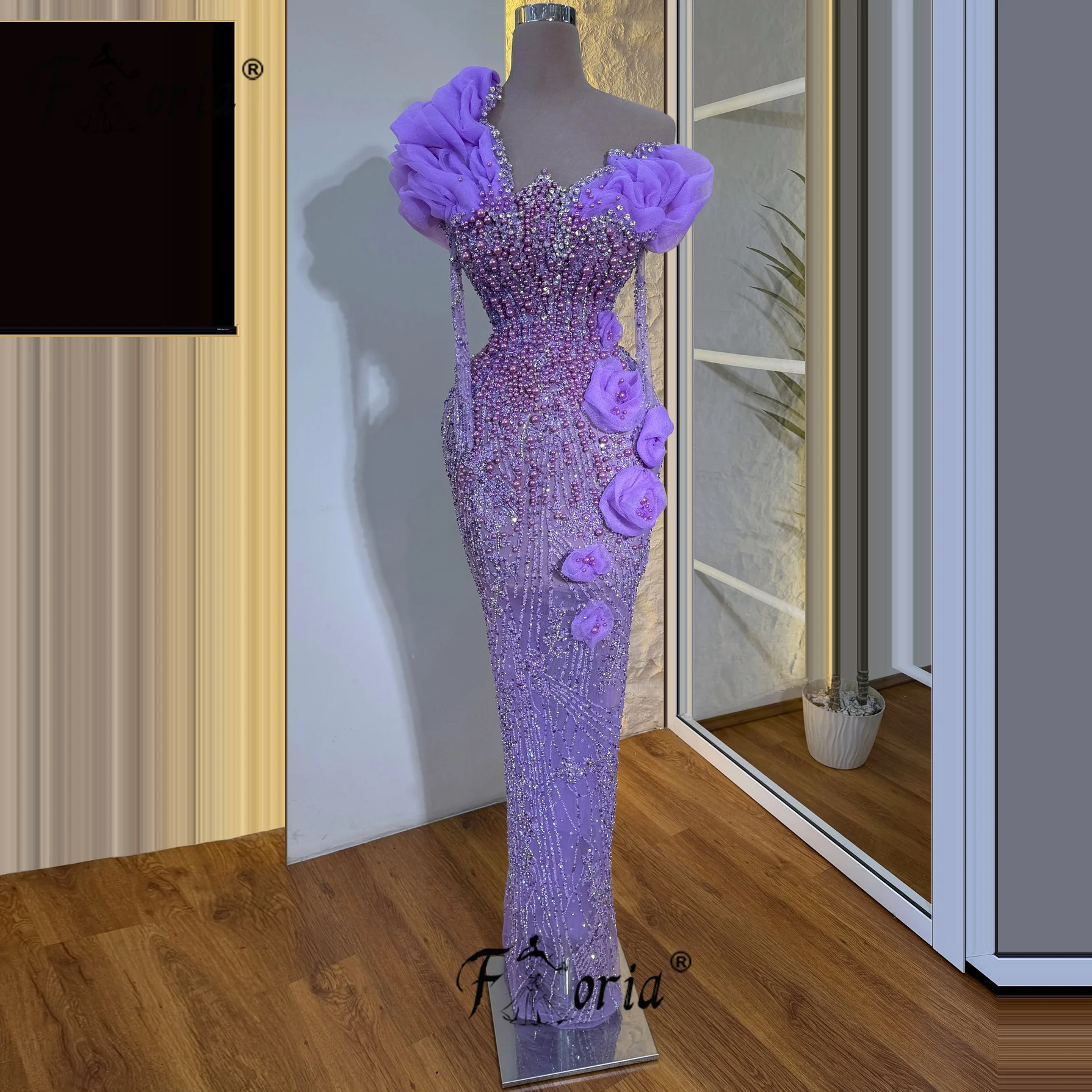 Fully Beads Luxury Party Dress Mermaid Lilac Pearls Flowers Long Sleeve Evening Event Gown vestidos de ocasión formales Prom