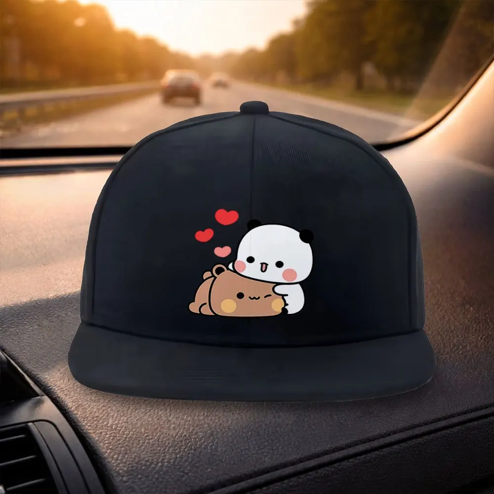 

Unisex Classic Flat Brim Baseball Cap Fashionable Panda Brown Bear Pattern Design Black Casual Hat Suitable for Outdoor Activ