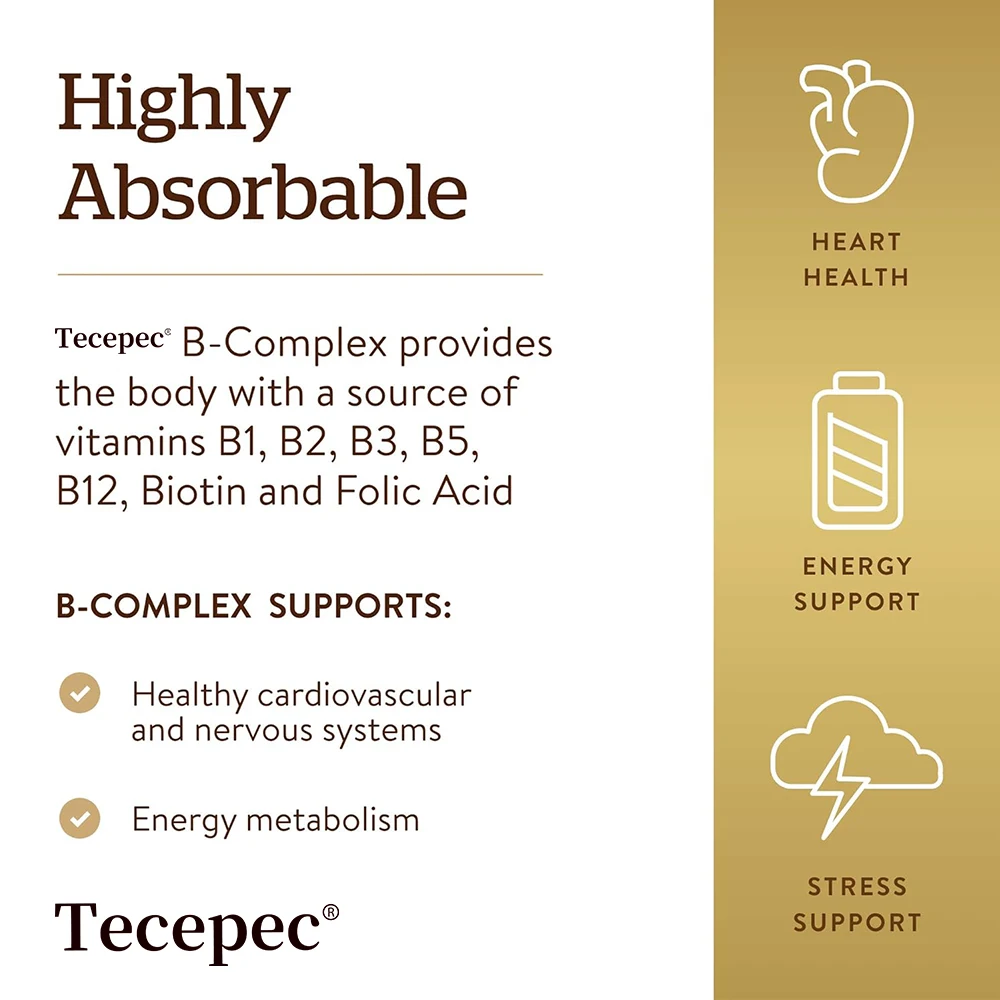 مكملات فيتامين Tecepec B-complex (B12 B1 B2 B3 B5 B6 B9 حمض الفوليك والبيوتين)، كبسولات هلامية لدعم المناعة والطاقة، غير وراثيًا
