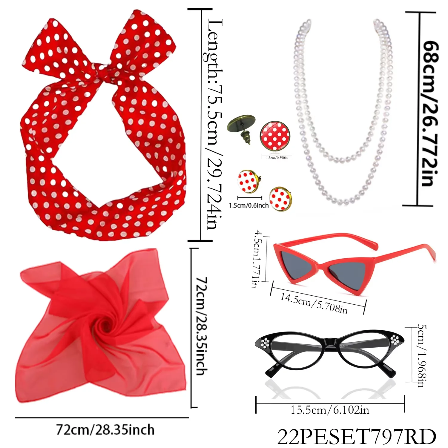 PESENAR accessori per vestire le donne anni '50 occhiali da vestire collana fascia sciarpa di seta orecchini 7 pezzi