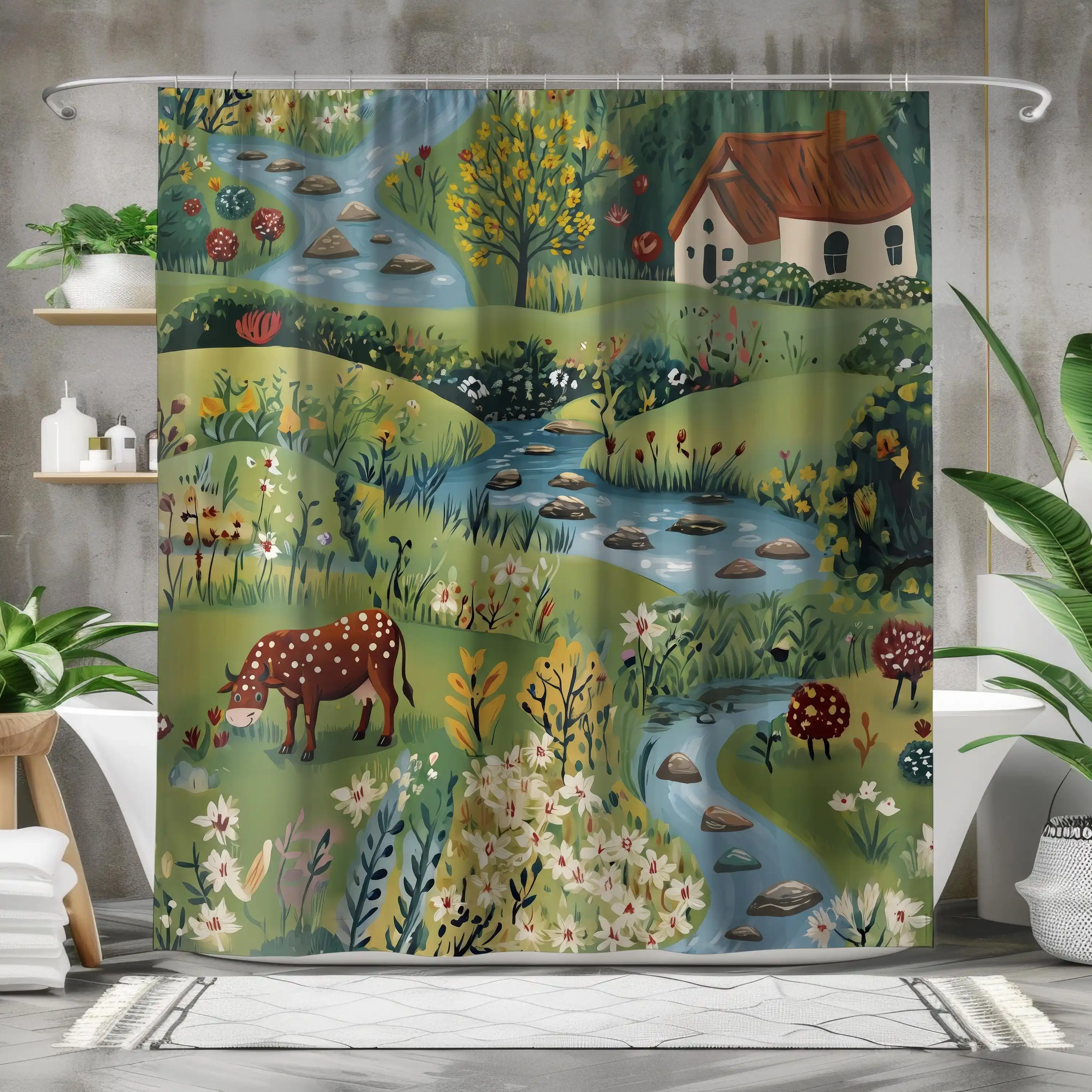 Watercolor Woodland Cottage Stream Forest Animals Shower Curtain Bathroom Decor Rustic Nature Shower Curtain