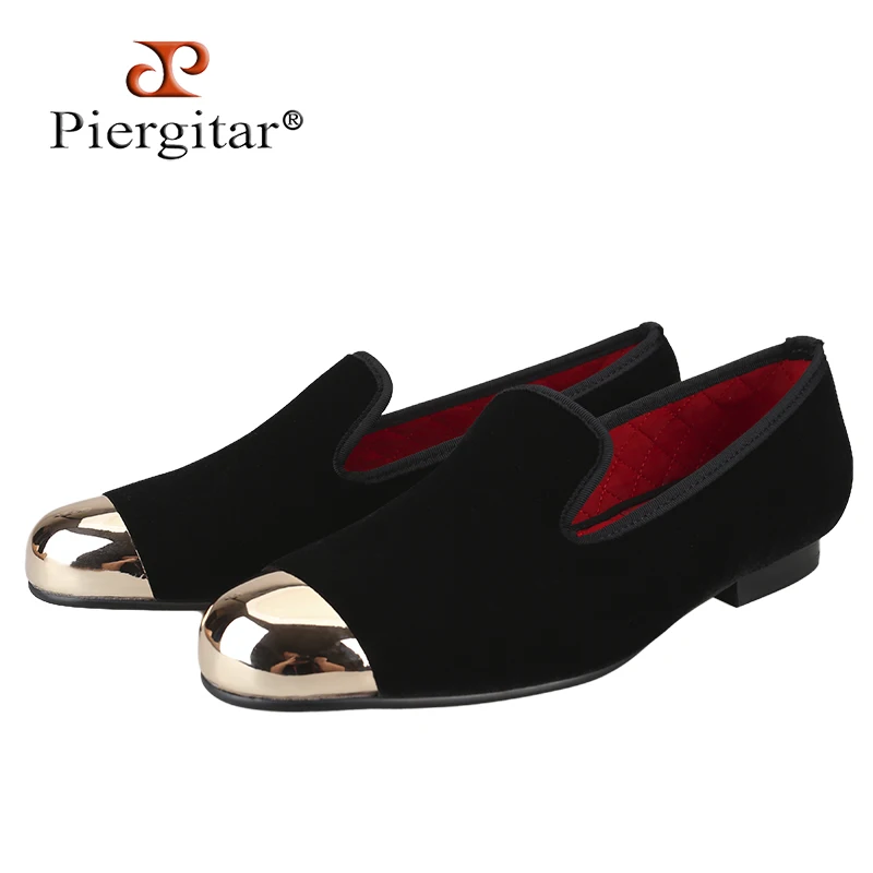 Piergitar Classic Model Black Velvet Slip-On Slipper Shoes With Gold Metal Toes For Party Formal Wear Handmade Men's Loafers