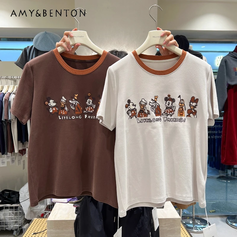 

Матовая футболка с короткими рукавами для женщин, толстая осень-зима 2025 года, стильные молодежные свободные футболки с короткими рукавами и вышивкой из мультфильма