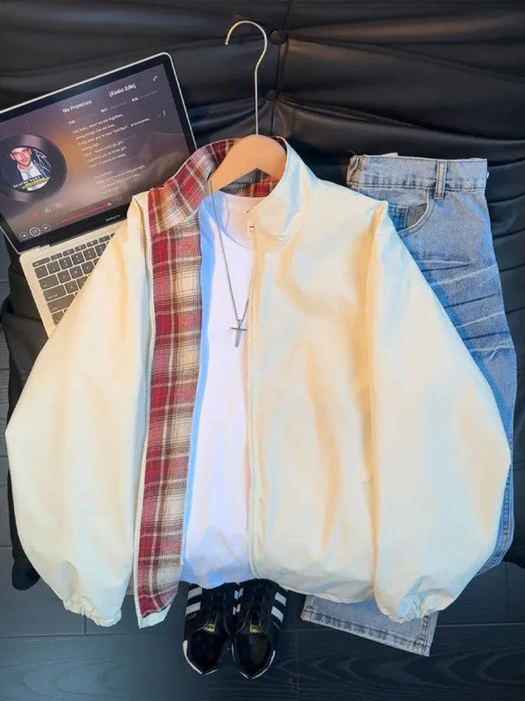 Cleanfit Plaid Patchwork Flight Jacket Men's Style American Shape Outerwear High-End Workwear Baseball Uniform Spring Season