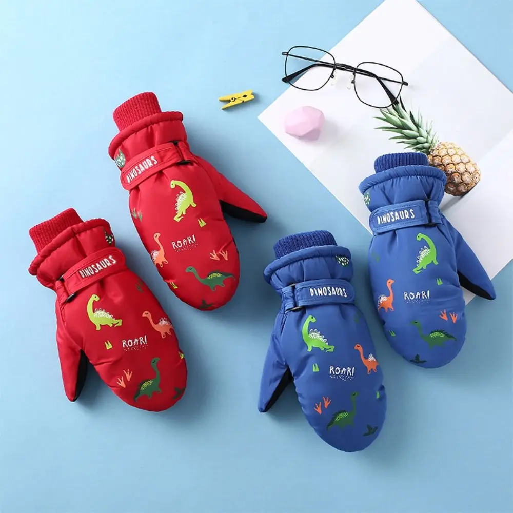 

Cartoon Dinosaur Ski Gloves Lining Windproof Thermal Snow Gloves Waterproof Thickened Finger Gloves For Boy Girl Children