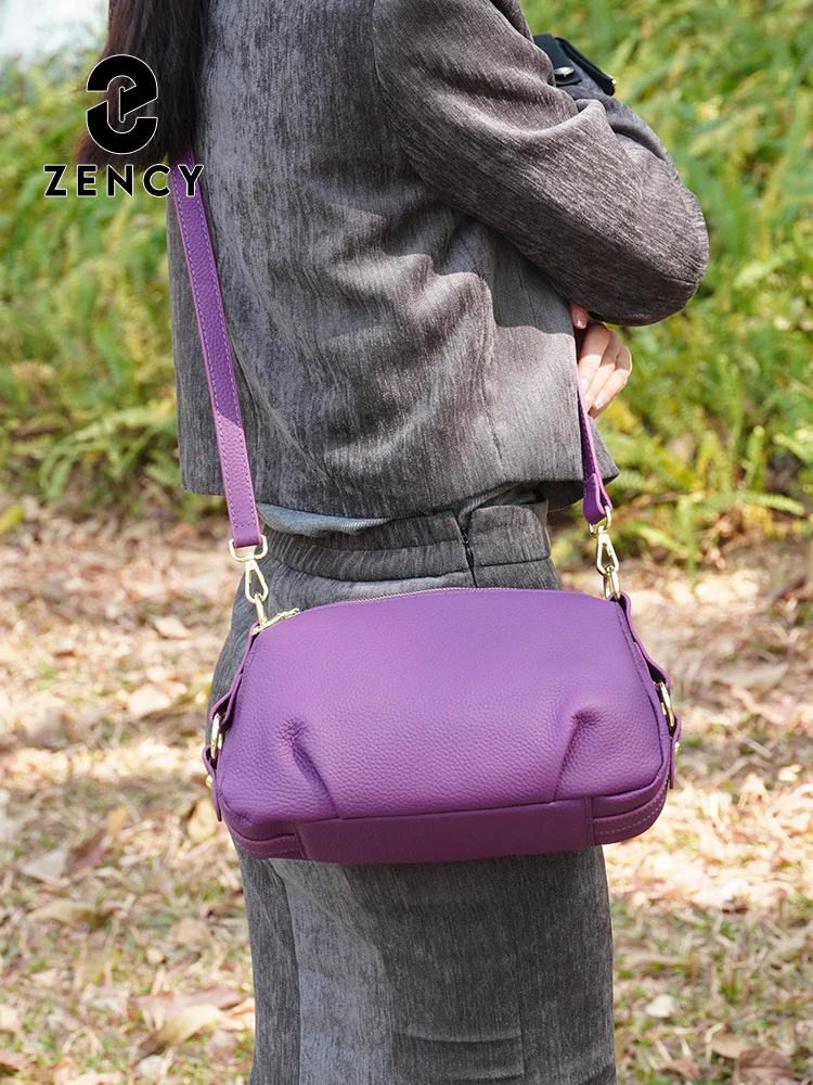 Zency Women's Genuine Leather Bag Simple High Quality Pillow Handbag Female Shoulder Crossbody Dark Purple Bags
