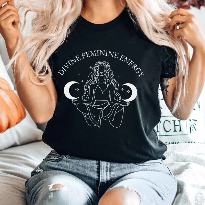 Divine Feminine Energy Mystical Celestial Black T Shirt Vintage Boho Witch Tee Shirt Summer Feminist T-shirt Cute Women Tops