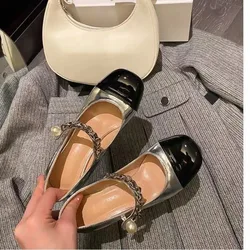 Elegant woman heeled shoes High Heels Women Shoes Round Toe Sweet Chain Strap Party Lady Patchwork Dress Pearl