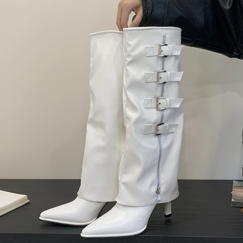 Design Belt Buckle Knee High Boots Women Winter Sexy Thin Heels Pointed Toe Zipper Stripper Shoes Zapatos De Mujer