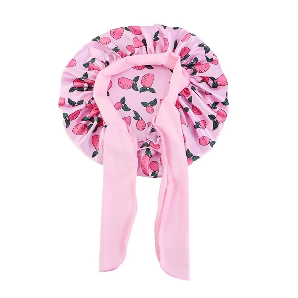 Kids Satin Bonnet Sleep Hat Silk Shower Cap for Child Hair Beanie At Night Boy Girls Flower Printed Silk Sleep Cap with Band Bow
