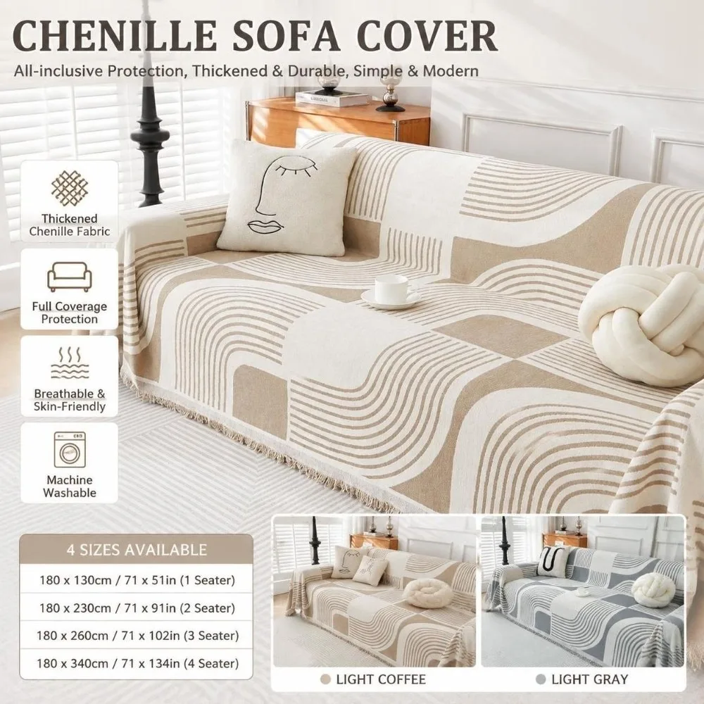 Full Cover Sofa Throw Cover Non Slip Protective Chenille Couch Slipcover Washable Scratch Proof Geometric Line Sofa Cover