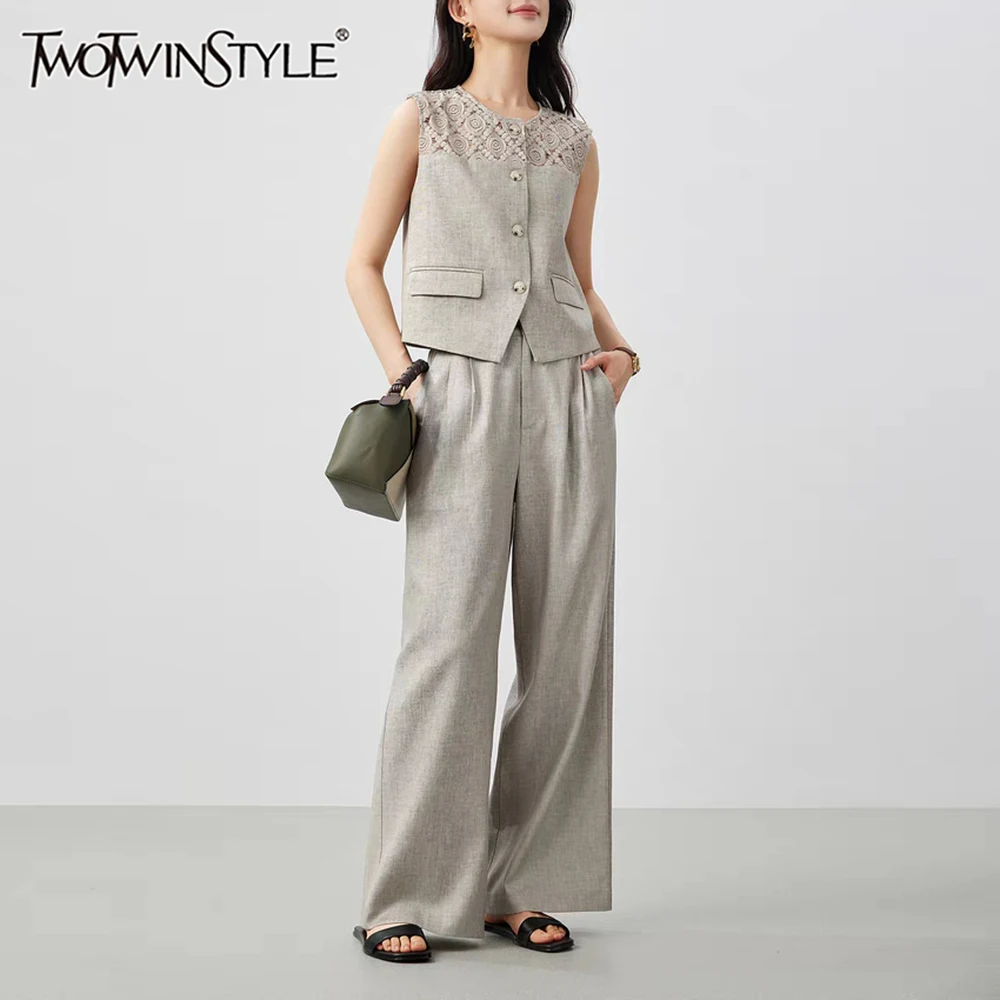 

TWOTWINSTYLE Solid Loose Two Piece Sets for Women Round Neck Sleeveless Spliced Single Breasted Top High Waist Pant Set Femlae