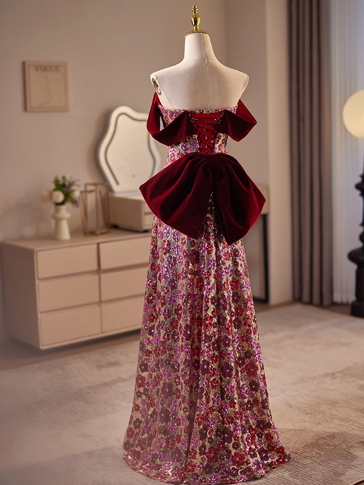 Maßgeschneiderte Luxus Weinrot Abendkleid Glitzernde Pailletten Blume Gerade bodenlangen Formale Party Kleider für Frauen Vestidos