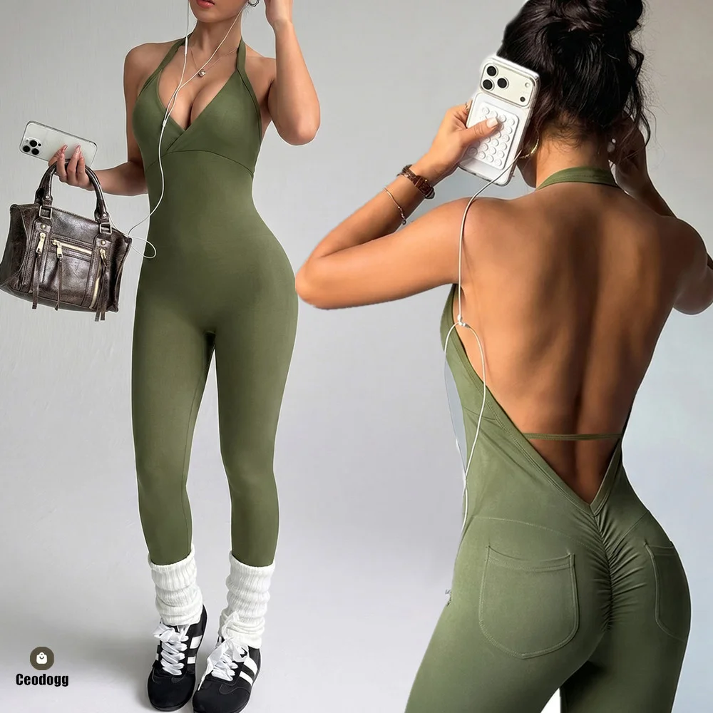 V Neck Scrunch Butt Legging Yoga Set Backless Pocket Hip Lift One Piece Sports Jumpsuit Tennis Wear Active Wear Suit XP104