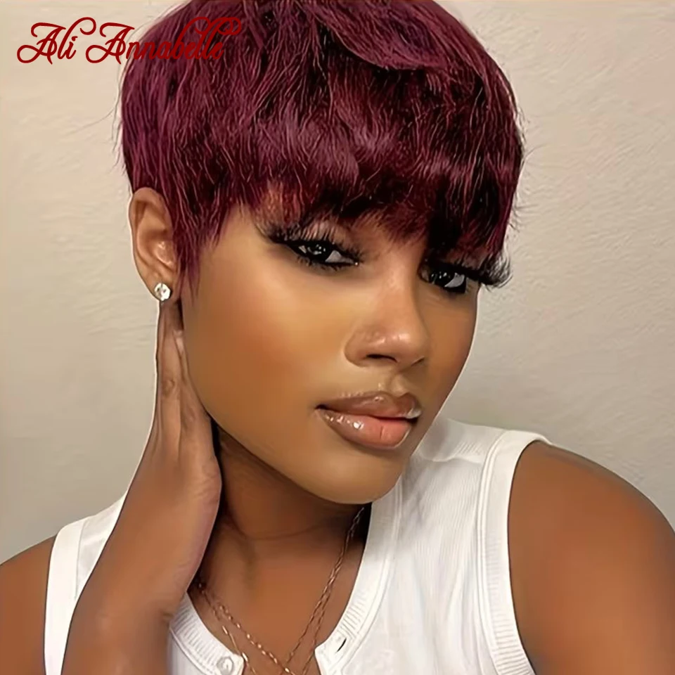 Ali Annabelle Hair 4 Inch Red 99J Burgundy Pixie Cut Wigs with Bangs Human Hair Wigs for Women Full Machine Made Wigs Daily Wear - Image 3