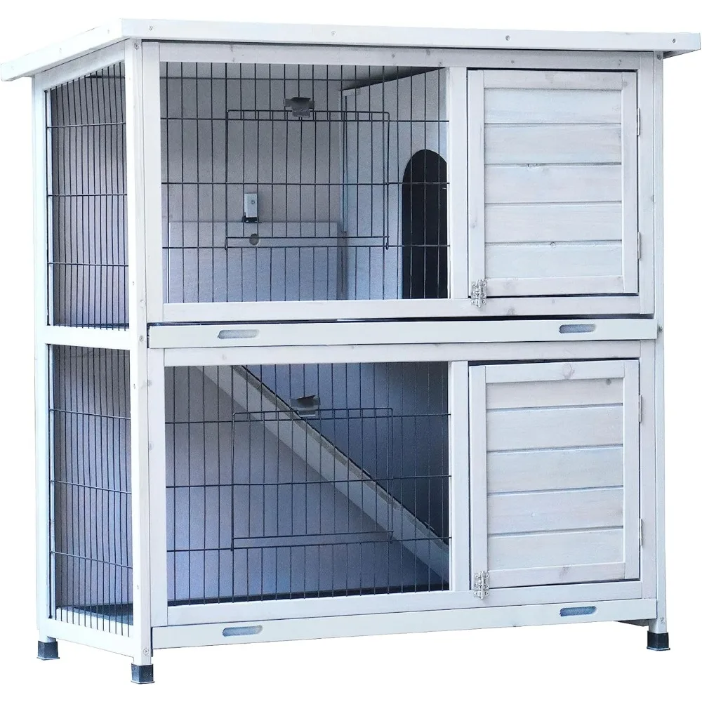 

2-Story Rabbit Cage Indoor with Run, Bunny Cage with 2 Removable No-Leak Trays, Pet Cages with Non-Slip Ramp, Waterproof Roof