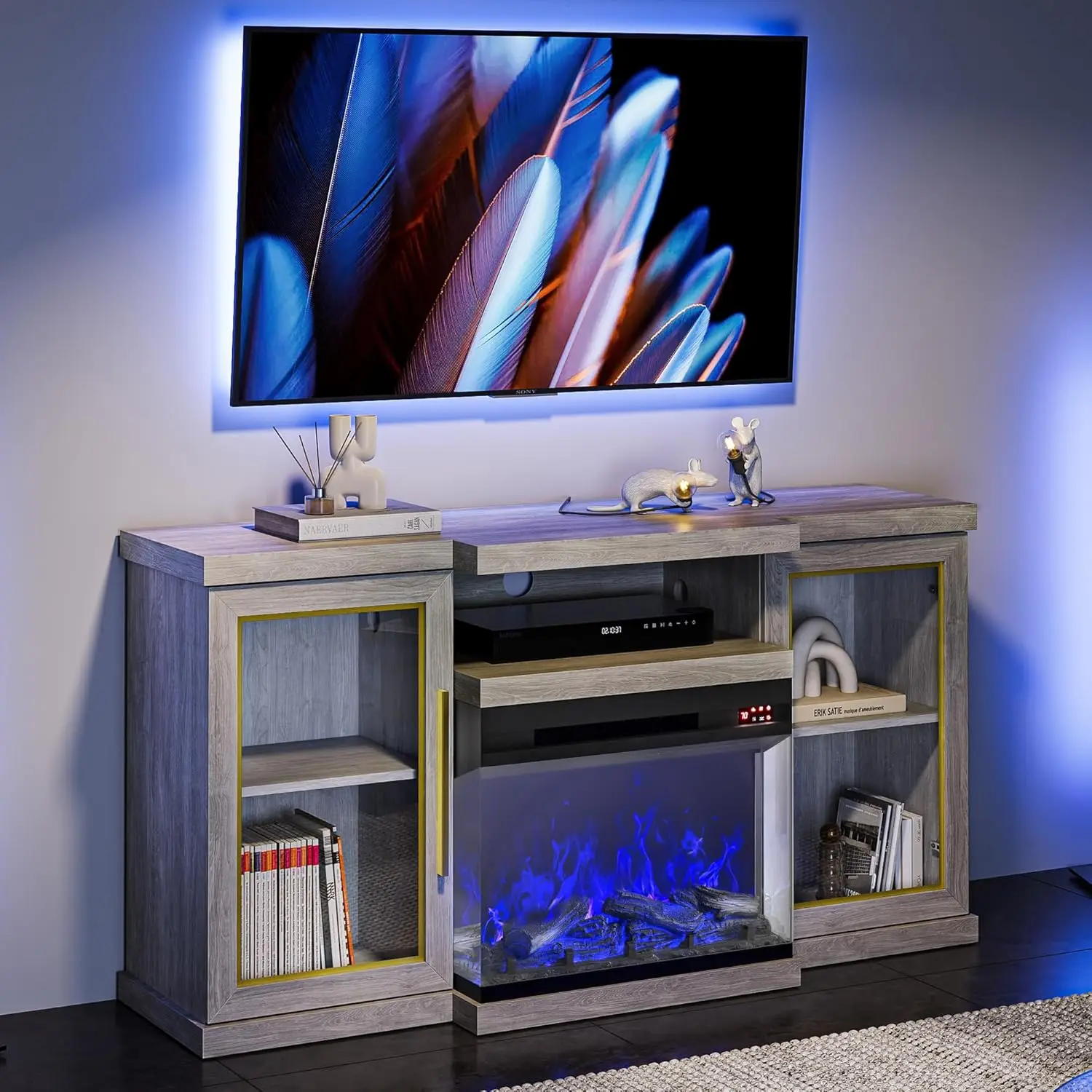 BELLEreflective-Meuble TV avec son, foyer électrique, centre de divertissement pour téléviseurs jusqu'à 65 pouces, porte en verre, rangement C, 57 po, 23 po