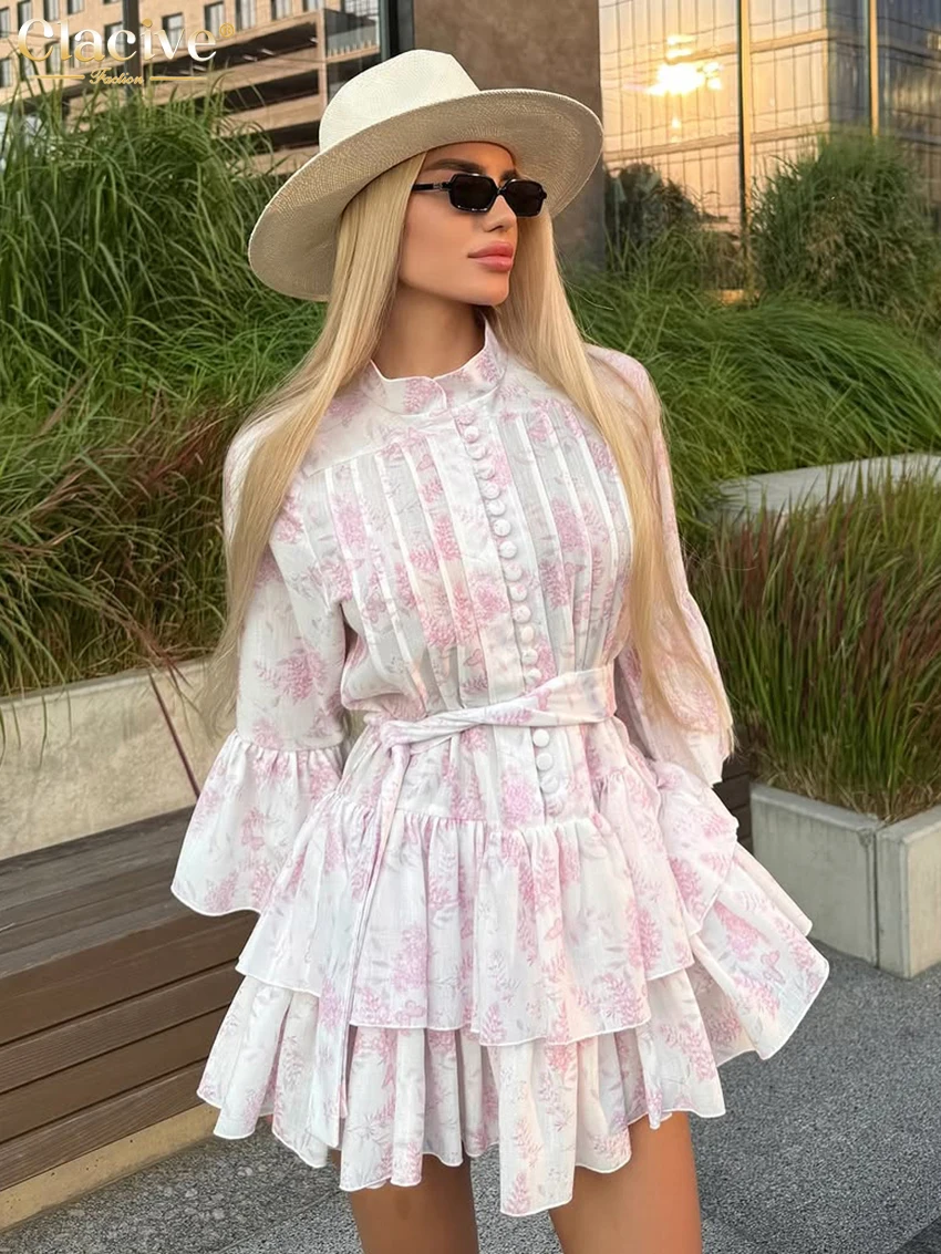 

Clacive Fashion Loose Print Women's Dress 2025 Casual Stand Collar Long Sleeve Mini Dresses Elegant Classic Pleated Female Dress
