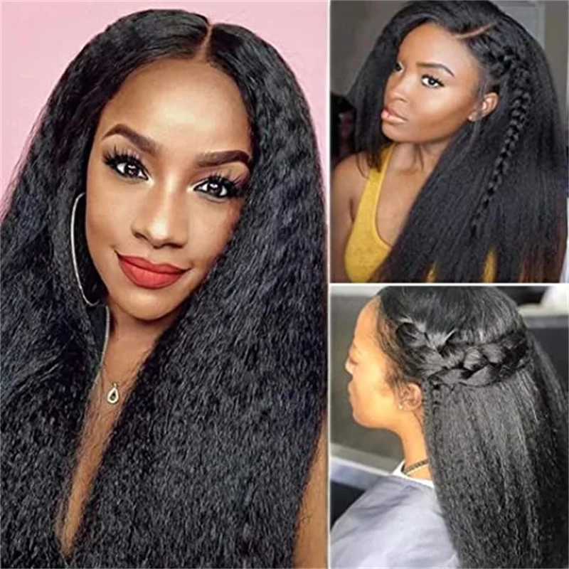 

Lace Front Synthetic 22 inch Glueless Long Kinky Straight Wig Pre Plucked HairLine Side Part 180% Density For Black Women Daily